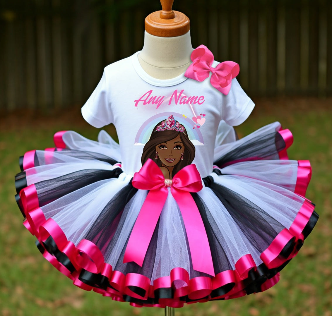 Barbie Face Black Girl Tutu Set Girls Personalized Custom Hot Pink White Black Ribbon Sewn Trim Tutu Outfit Dress Theme Cake Smash Party