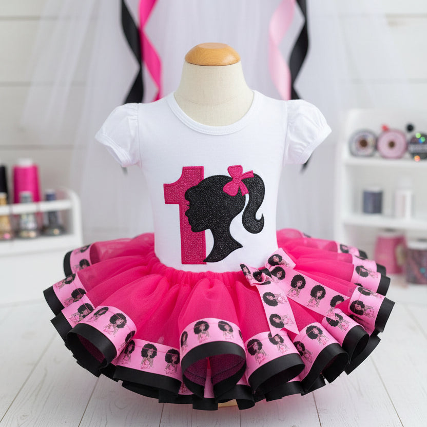 Barbie Black Silhouette Face Tutu Set Girls Personalized Custom Pink Black Ribbon Sewn Trim Tutu Outfit Dress Theme Cake Smash Birthday Party