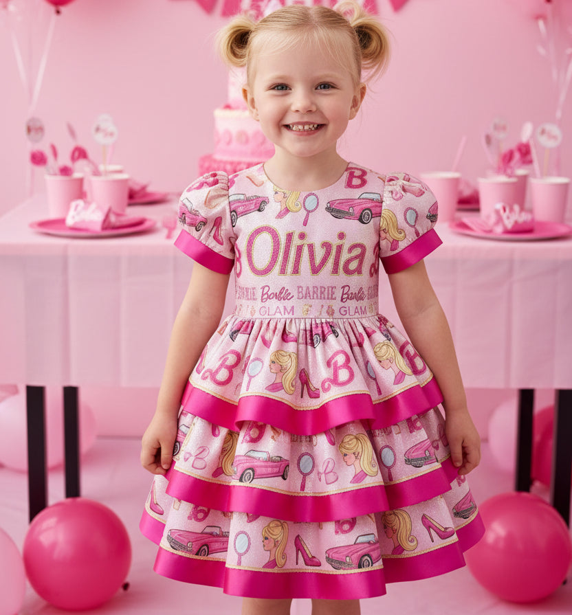 Blonde Barbie Girl Doll Girls Personalized Custom Tiered Ruffle Dress Ribbon Trim Theme Cake Smash Birthday Party