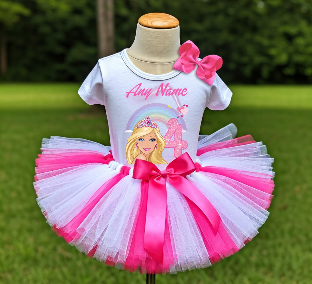 Barbie Face Blonde Girl Tutu Set Girls Personalized Custom Hot Pink White Pink Tutu Outfit Dress Theme Cake Smash Birthday Party