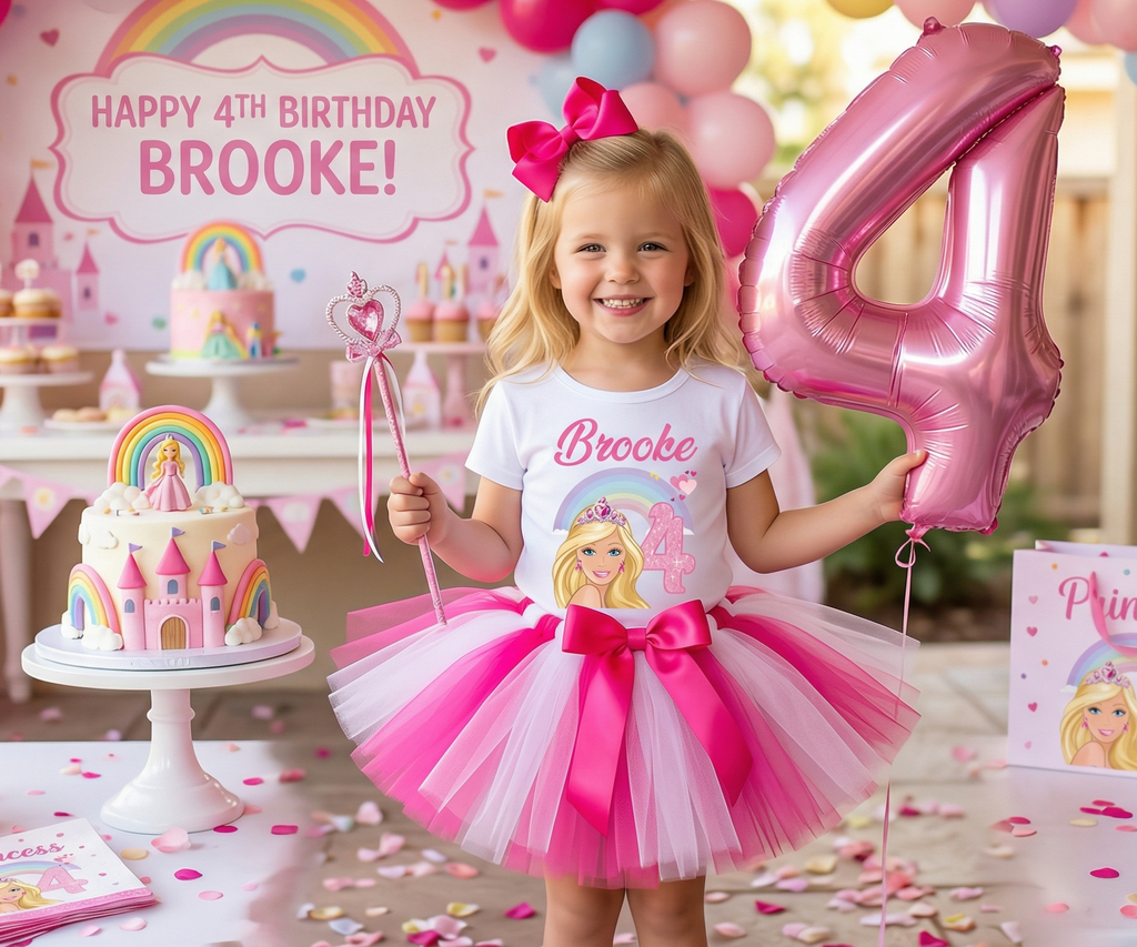 Barbie Face Blonde Girl Tutu Set Girls Personalized Custom Hot Pink White Pink Tutu Outfit Dress Theme Cake Smash Birthday Party