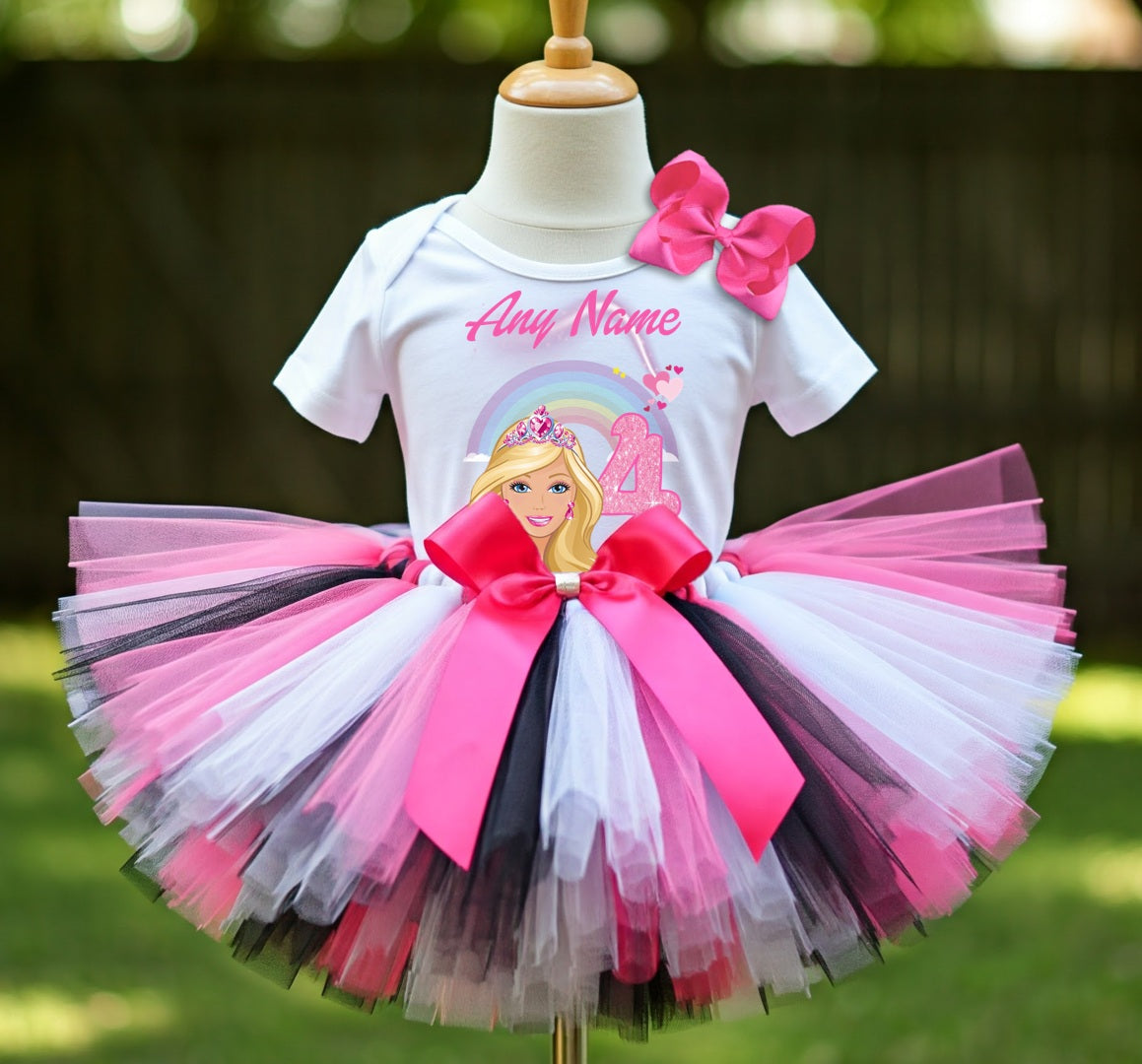Barbie Face Blonde Girl Tutu Set Girls Personalized Custom Hot Pink White Black Tutu Outfit Dress Theme Cake Smash Birthday Party