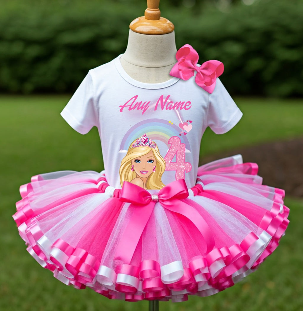 Barbie Face Blonde Girl Tutu Set Girls Personalized Custom Hot Pink White Pink Ribbon Sewn Trim Tutu Outfit Dress Theme Cake Smash Birthday Party