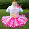 Barbie Face Blonde Girl Tutu Set Girls Personalized Custom Hot Pink White Pink Ribbon Sewn Trim Tutu Outfit Dress Theme Cake Smash Birthday Party