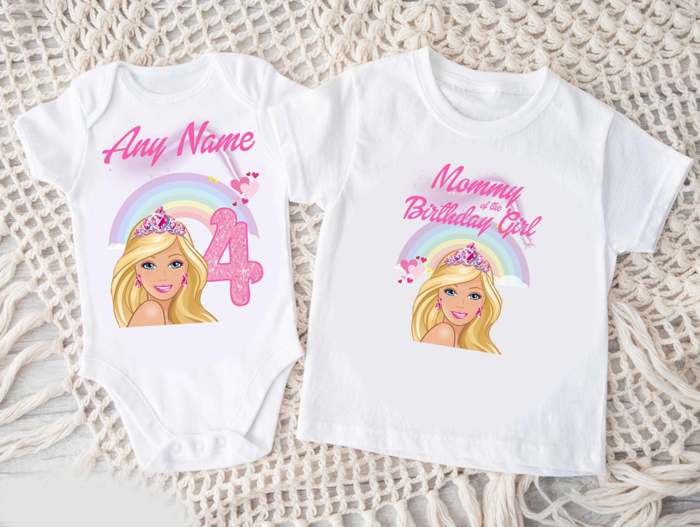 Barbie Face Blonde Girl Personalized Custom White Family T-Shirt or Onesie Pack Theme Cake Smash Birthday Party