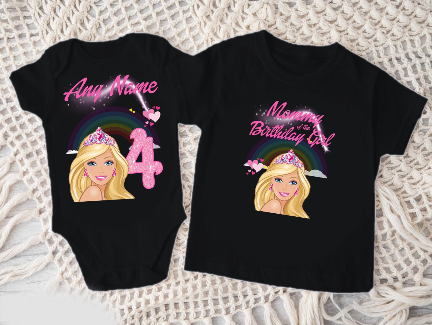 Barbie Face Blonde Girl Personalized Custom Black Family T-Shirt or Onesie Pack Theme Cake Smash Birthday Party