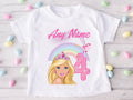 Barbie Face Blonde Girl Personalized Custom White T-Shirt or Onesie Theme Cake Smash Birthday Party