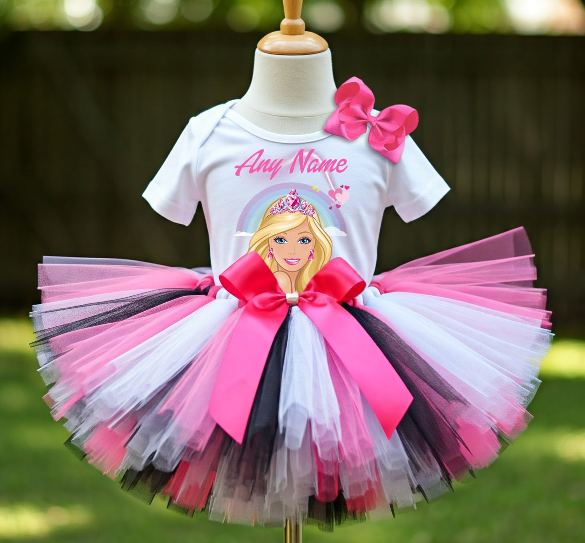 Barbie Face Blonde Girl Tutu Set Girls Personalized Custom Hot Pink White Black Tutu Outfit Dress Theme Cake Smash Party