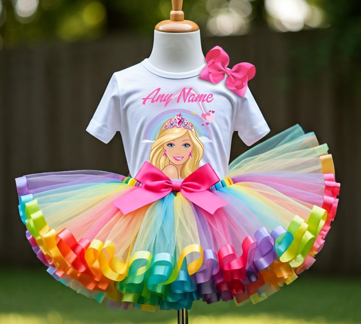 Barbie Face Blonde Girl Tutu Set Girls Personalized Custom Rainbow Ribbon Sewn Trim Tutu Outfit Dress Theme Cake Smash Party