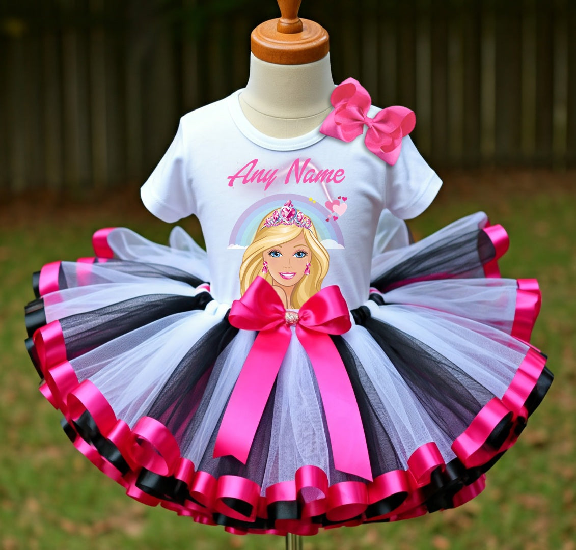 Barbie Face Blonde Girl Tutu Set Girls Personalized Custom Hot Pink White Black Ribbon Sewn Trim Tutu Outfit Dress Theme Cake Smash Party
