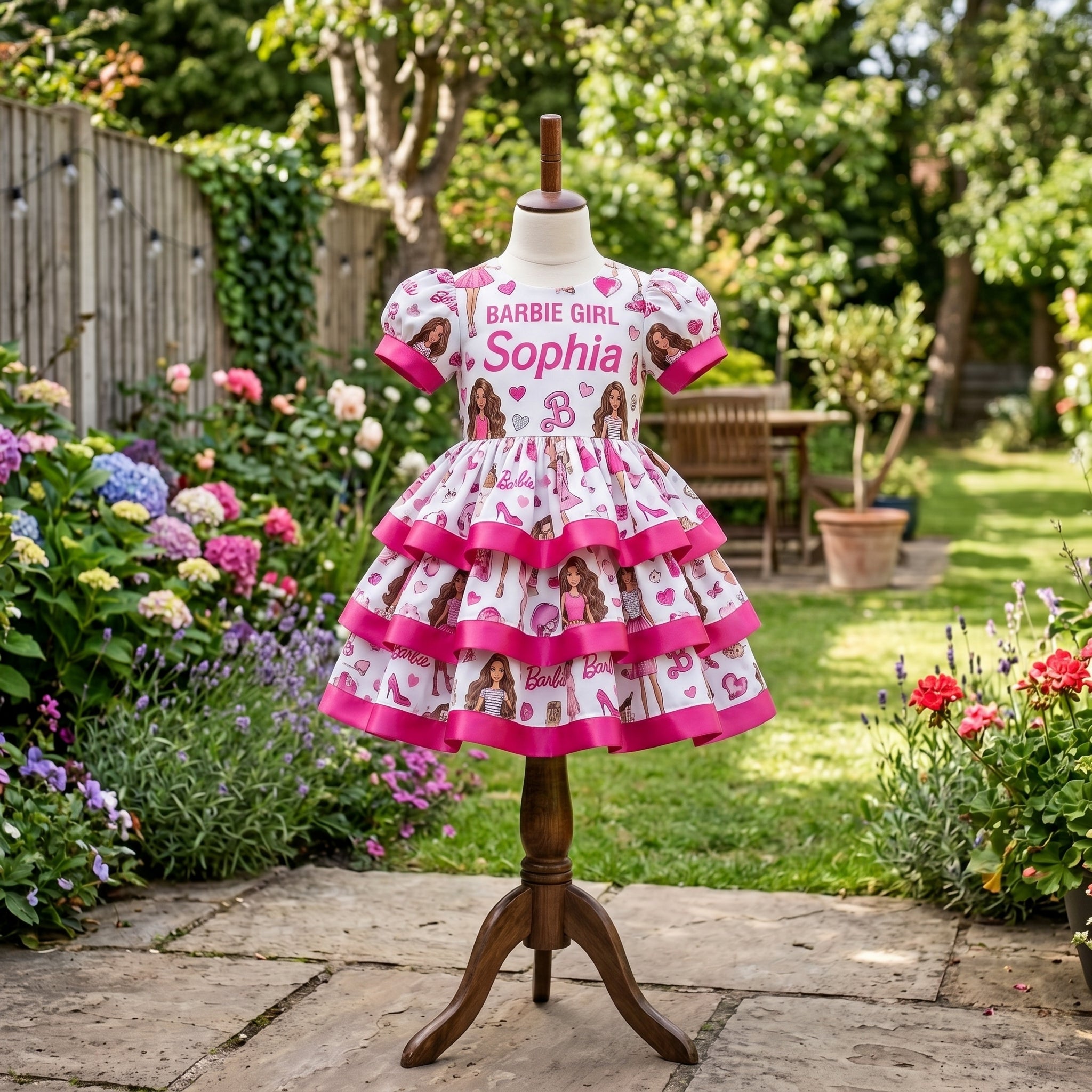 Brunette Barbie Girl Doll Girls Personalized Custom Tiered Ruffle Dress Ribbon Trim Theme Cake Smash Birthday Party