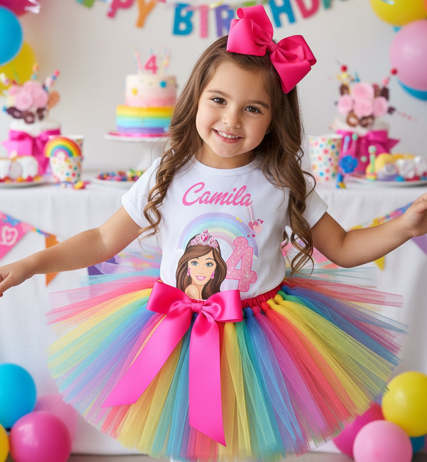 Barbie Face Brunette Girl Tutu Set Girls Personalized Custom Rainbow Tutu Outfit Dress Theme Cake Smash Birthday Party