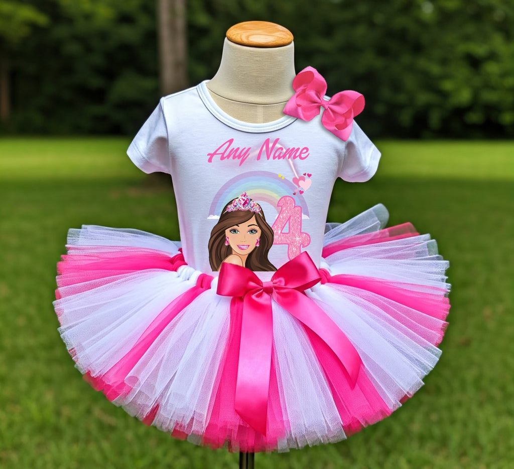Barbie Face Brunette Girl Tutu Set Girls Personalized Custom Hot Pink White Pink Tutu Outfit Dress Theme Cake Smash Birthday Party