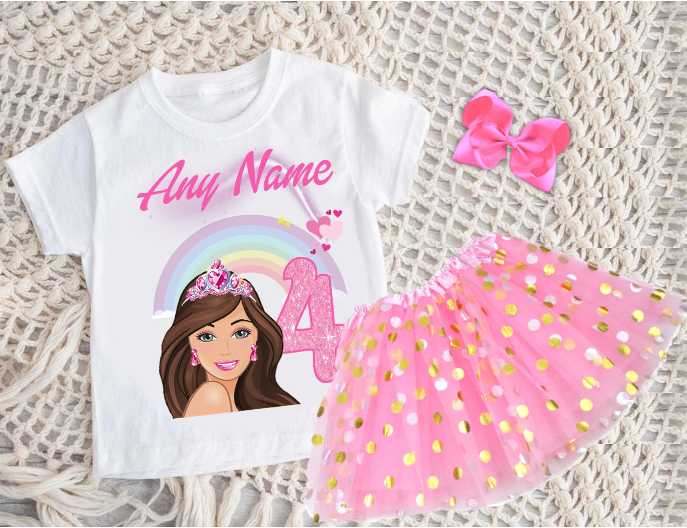 Barbie Face Brunette Girl Tutu Set Girls Personalized Custom Pink Gold Polka Dots Tutu Outfit Dress Theme Cake Smash Birthday Party