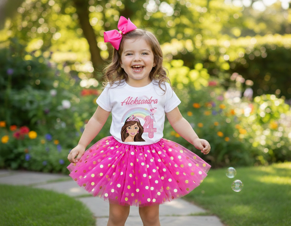 Barbie Face Brunette Girl Tutu Set Girls Personalized Custom Hot Pink Gold Polka Dots Tutu Outfit Dress Theme Cake Smash Birthday Party