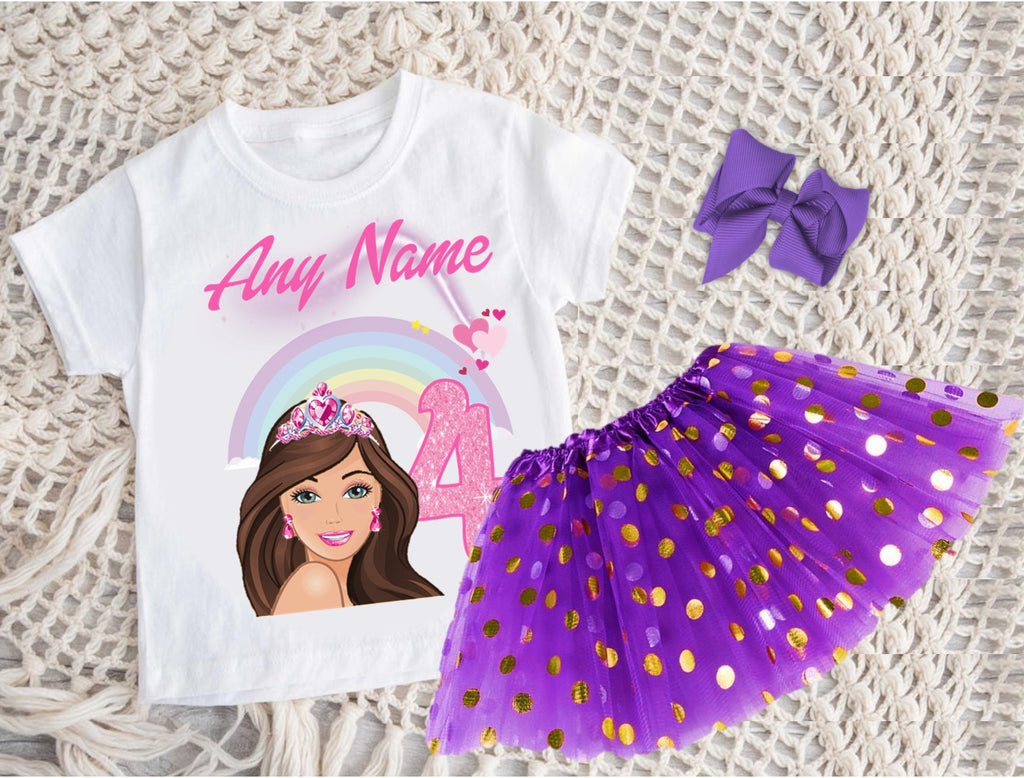 Barbie Face Brunette Girl Tutu Set Girls Personalized Custom Purple Gold Polka Dots Tutu Outfit Dress Theme Cake Smash Birthday Party