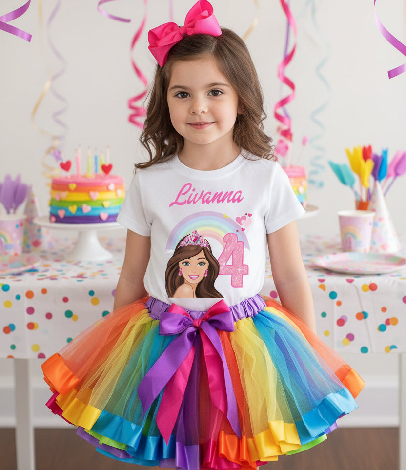 Barbie Face Brunette Girl Tutu Set Girls Personalized Custom Rainbow Ribbon Tutu Outfit Dress Theme Cake Smash Birthday Party