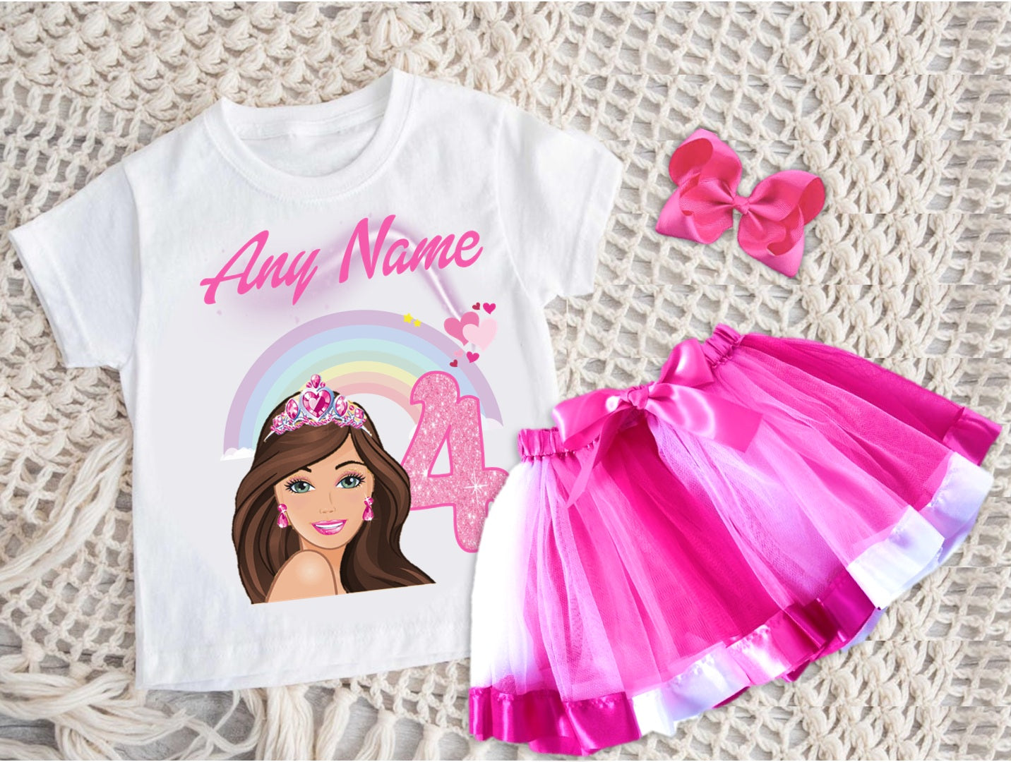 Barbie Face Brunette Girl Tutu Set Girls Personalized Custom Hot Pink White Pink Ribbon Tutu Outfit Dress Theme Cake Smash Birthday Party
