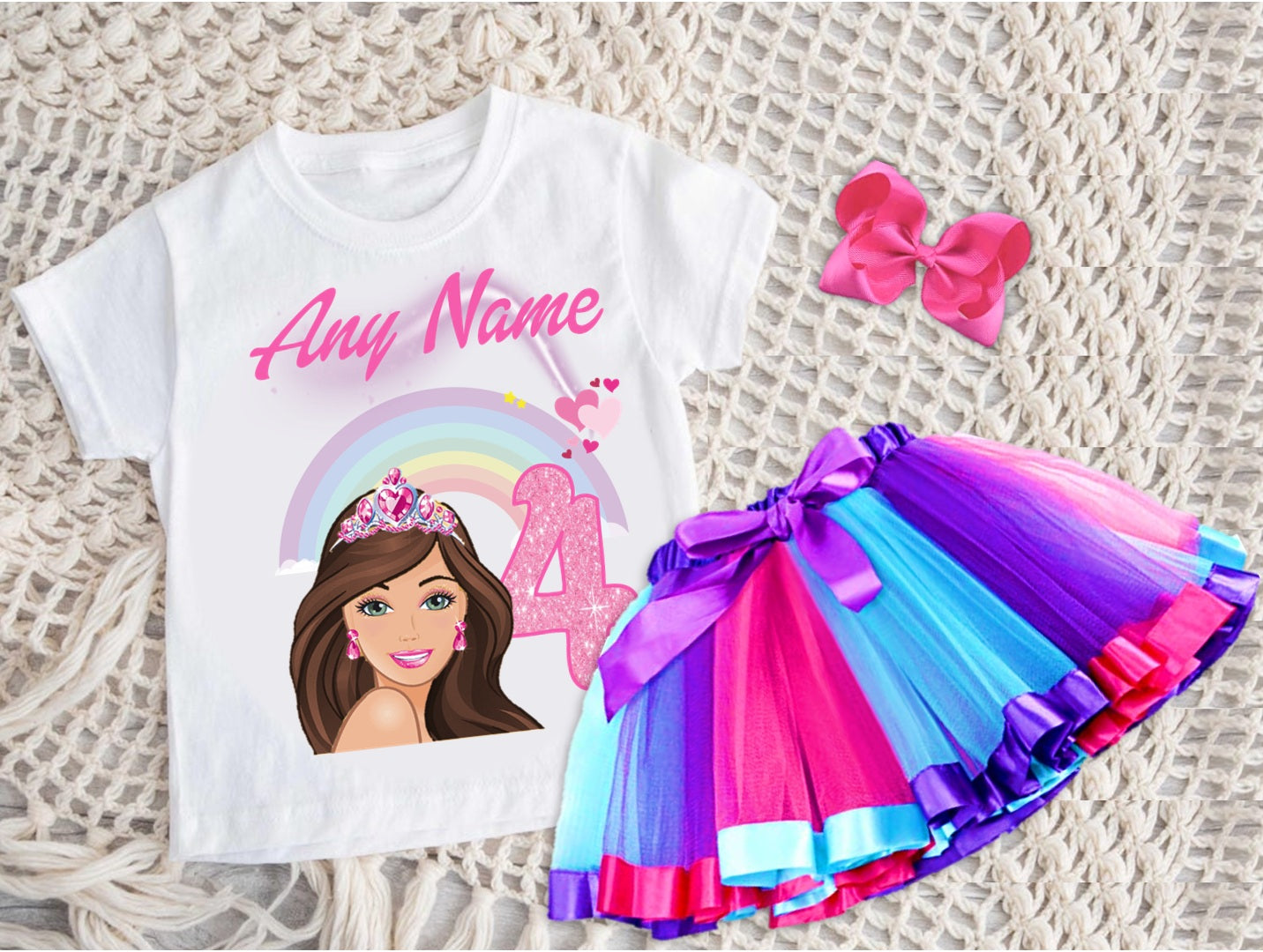 Barbie Face Brunette Girl Tutu Set Girls Personalized Custom Hot Pink Blue Purple Ribbon Tutu Outfit Dress Theme Cake Smash Birthday Party