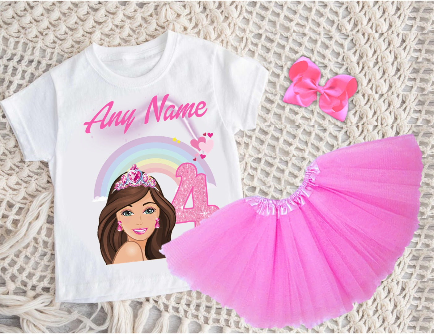 Barbie Face Brunette Girl Tutu Set Girls Personalized Custom Pink 3 Layer Tutu Outfit Dress Theme Cake Smash Birthday Party