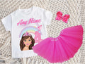 Barbie Face Brunette Girl Tutu Set Girls Personalized Custom Hot Pink 3 Layer Tutu Outfit Dress Theme Cake Smash Birthday Party