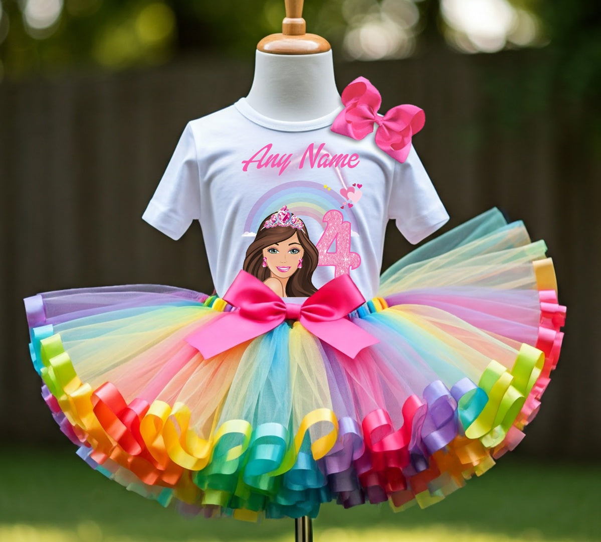 Barbie Face Brunette Girl Tutu Set Girls Personalized Custom Rainbow Ribbon Sewn Trim Tutu Outfit Dress Theme Cake Smash Birthday Party