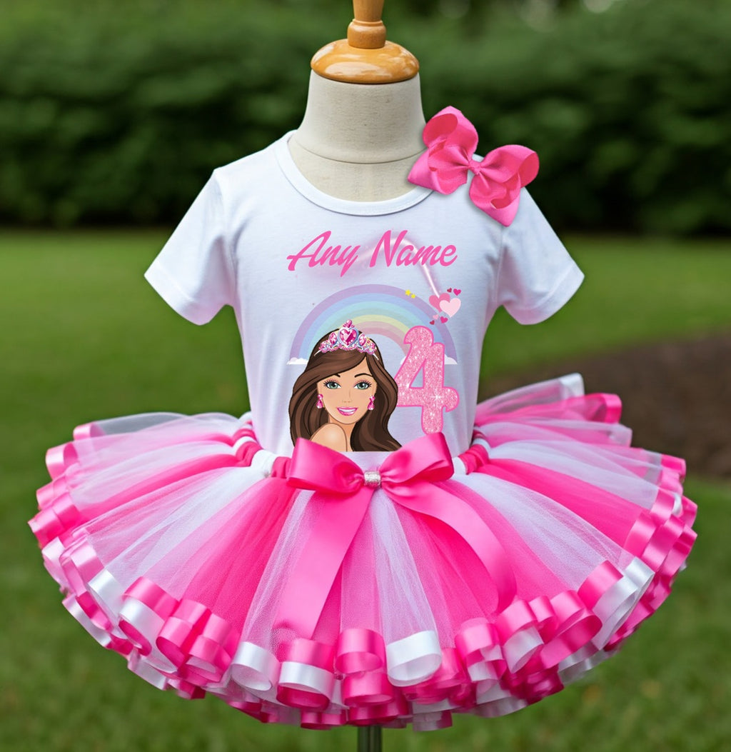Barbie Face Brunette Girl Tutu Set Girls Personalized Custom Hot Pink White Pink Ribbon Sewn Trim Tutu Outfit Dress Theme Cake Smash Birthday Party