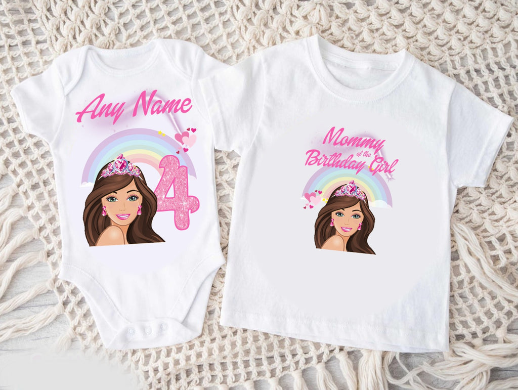Barbie Face Brunette Girl Personalized Custom White Family T-Shirt or Onesie Pack Theme Cake Smash Birthday Party