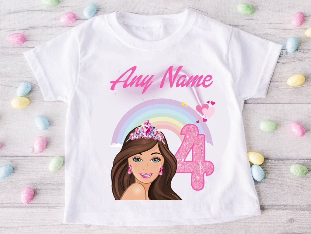 Barbie Face Brunette Girl Personalized Custom White Family T-Shirt or Onesie Pack Theme Cake Smash Birthday Party