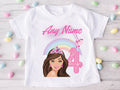 Barbie Face Brunette Girl Personalized Custom White T-Shirt or Onesie Theme Cake Smash Birthday Party