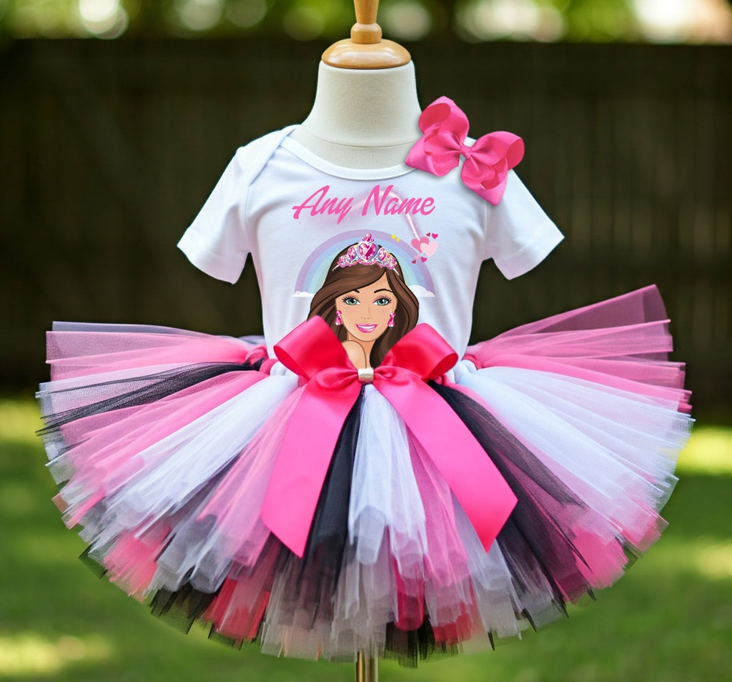 Barbie Face Brunette Girl Tutu Set Girls Personalized Custom Hot Pink Black White Tutu Outfit Dress Theme Cake Smash Party