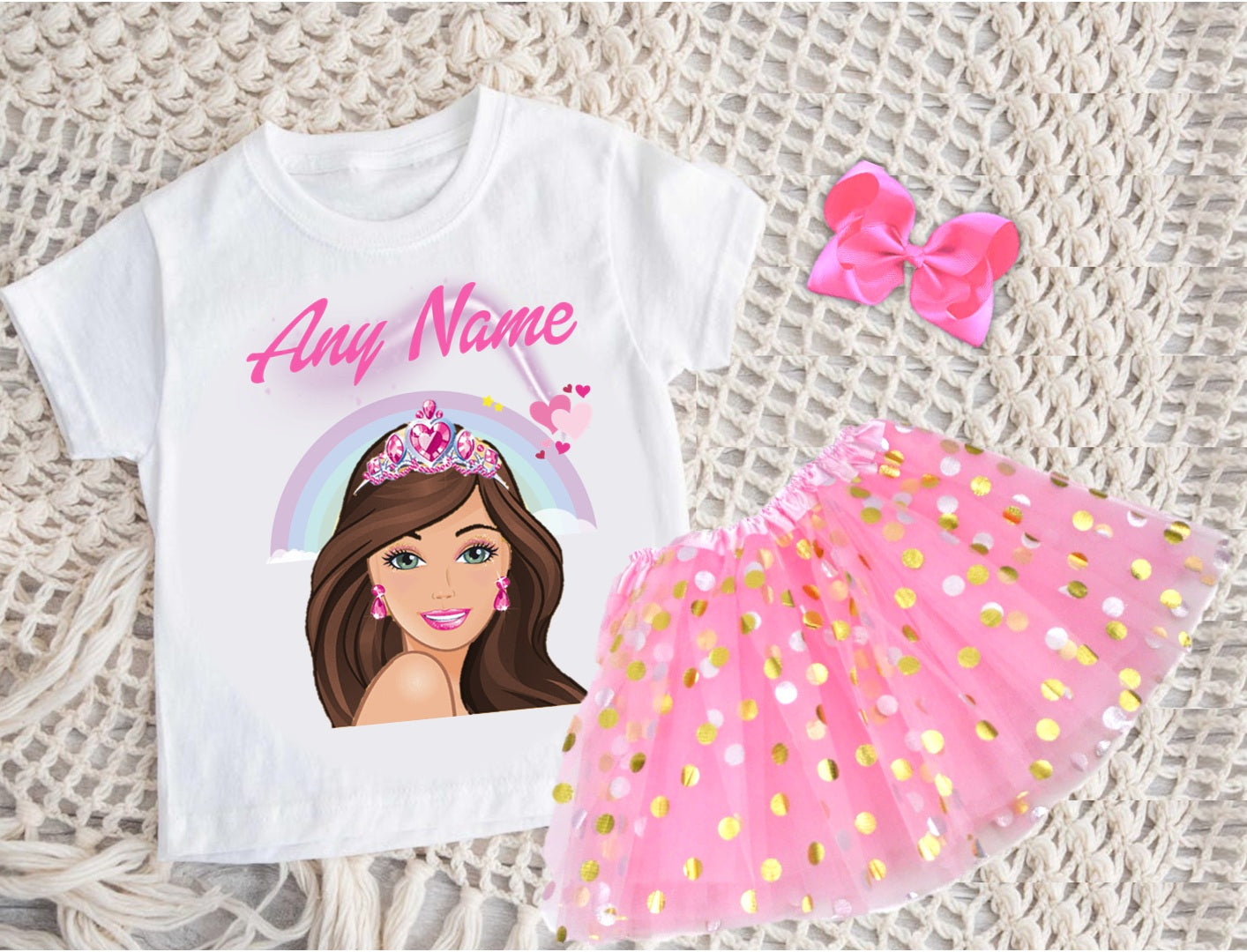 Barbie Face Brunette Girl Tutu Set Girls Personalized Custom Pink Gold Polka Dots Tutu Outfit Dress Theme Cake Smash Party