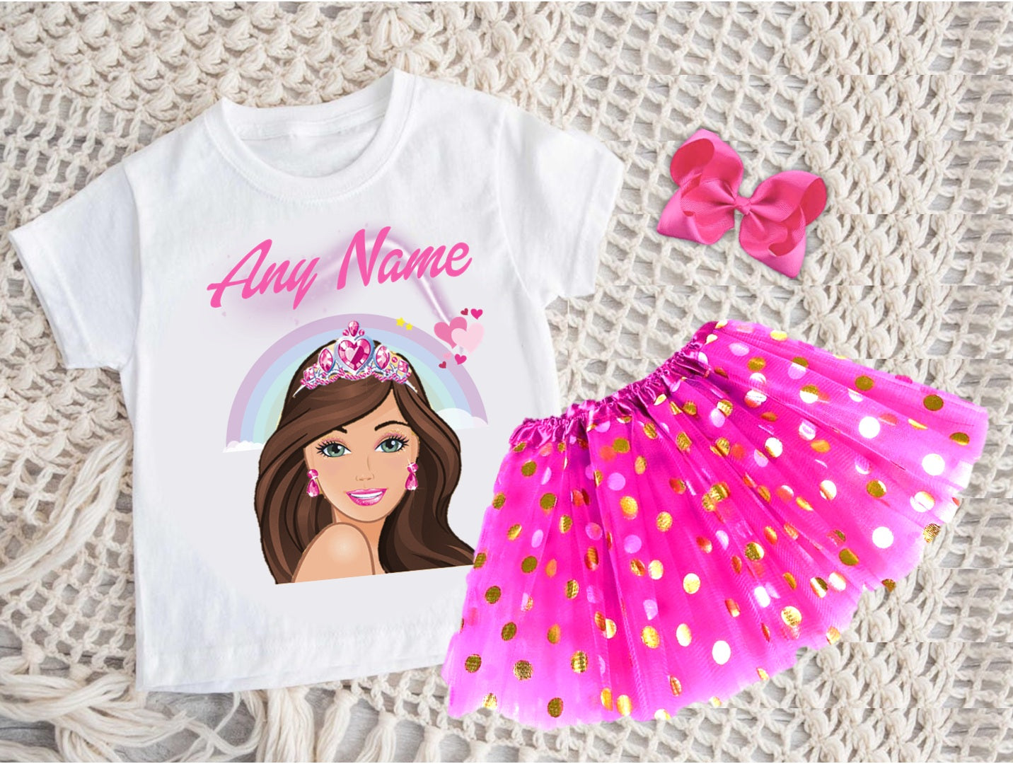 Barbie Face Brunette Girl Tutu Set Girls Personalized Custom Hot Pink Gold Polka Dots Tutu Outfit Dress Theme Cake Smash Party