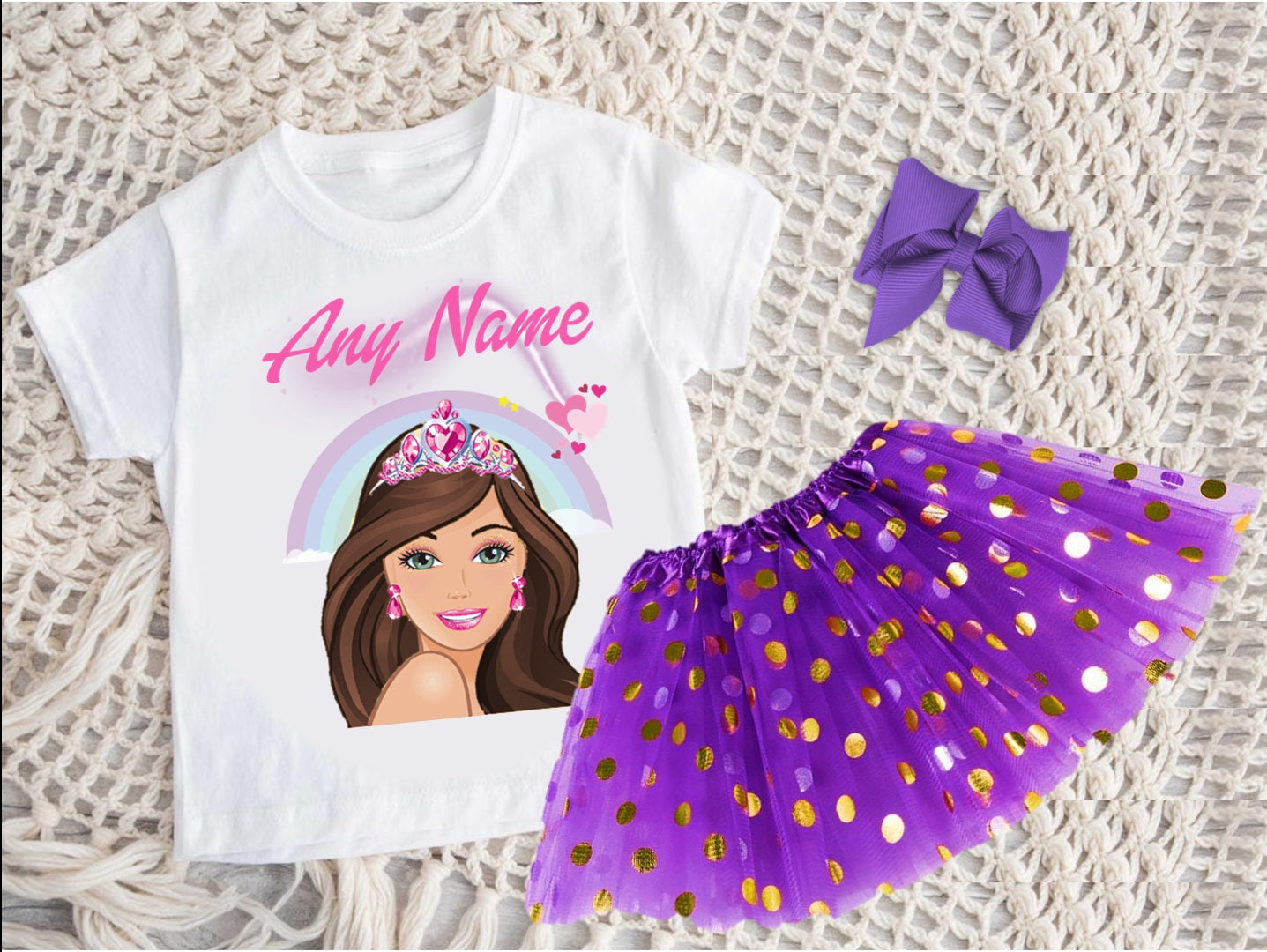 Barbie Face Brunette Girl Tutu Set Girls Personalized Custom Purple Gold Polka Dots Tutu Outfit Dress Theme Cake Smash Party