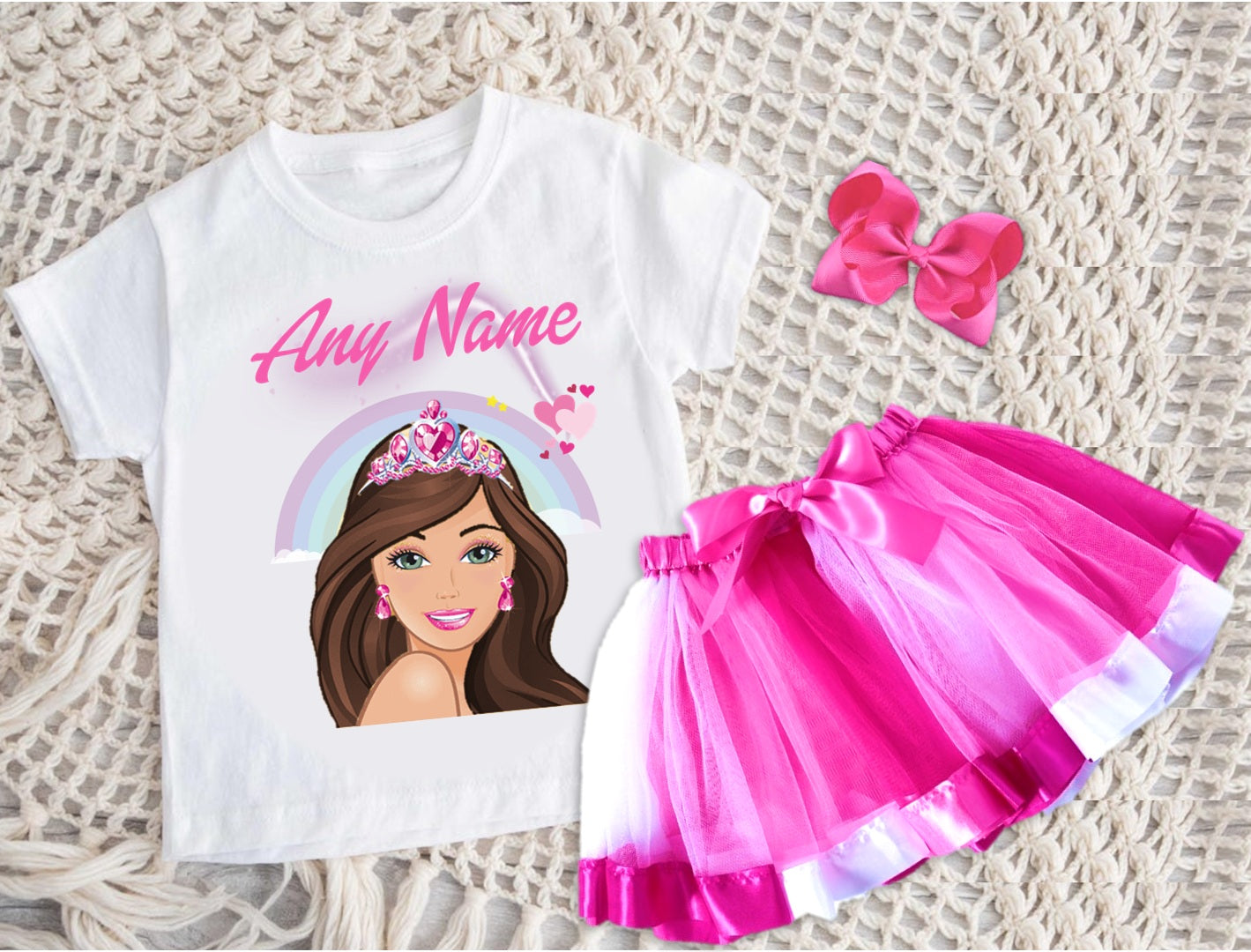 Barbie Face Brunette Girl Tutu Set Girls Personalized Custom Hot Pink White Pink Ribbon Tutu Outfit Dress Theme Cake Smash Party