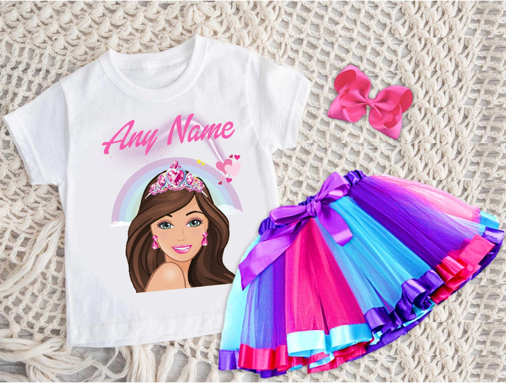 Barbie Face Brunette Girl Tutu Set Girls Personalized Custom Hot Pink Blue Purple Ribbon Tutu Outfit Dress Theme Cake Smash Party