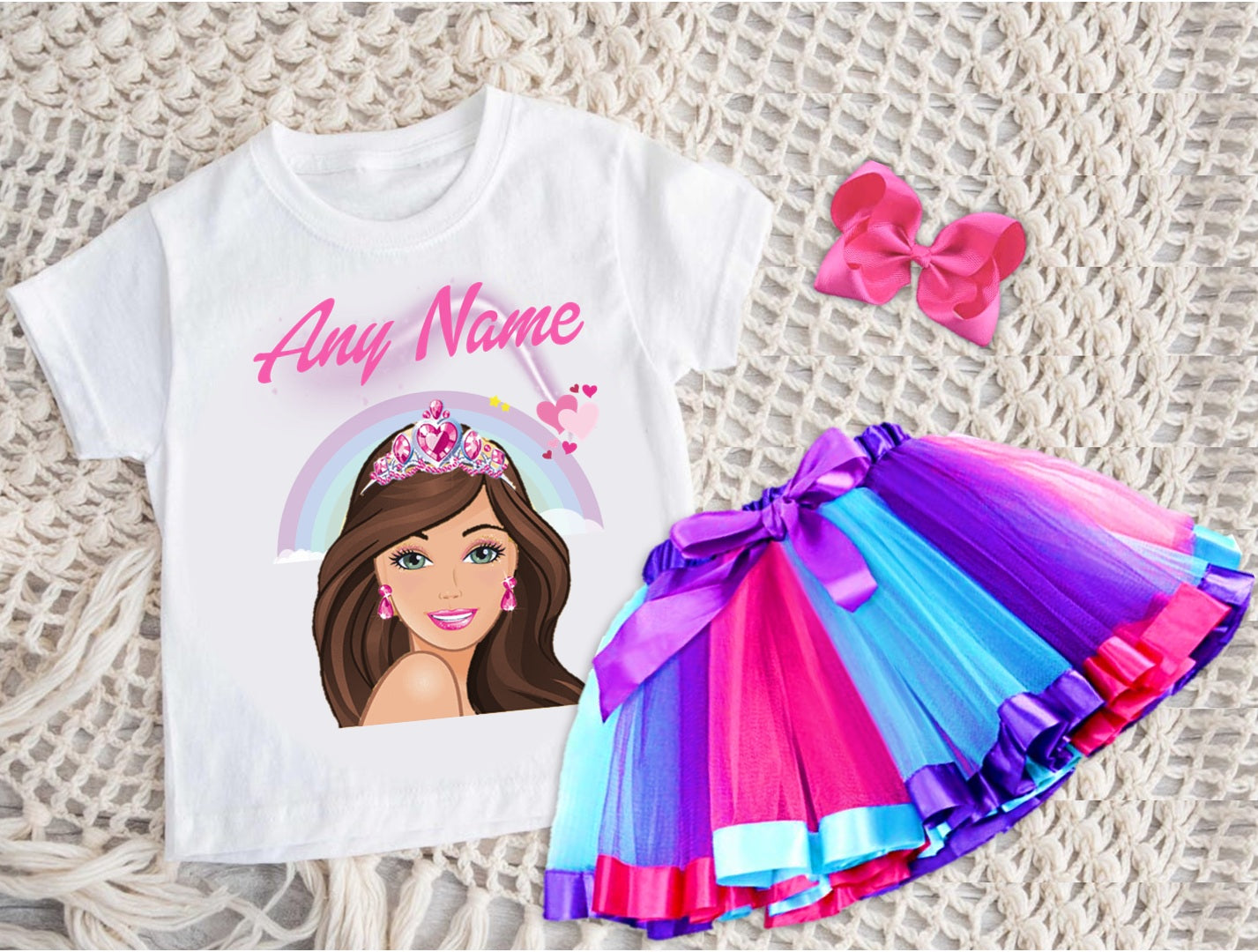 Barbie Face Brunette Girl Tutu Set Girls Personalized Custom Hot Pink Blue Purple Ribbon Tutu Outfit Dress Theme Cake Smash Party