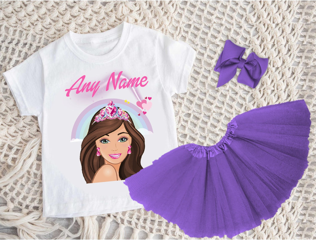 Barbie Face Brunette Girl Tutu Set Girls Personalized Custom Purple 3 Layer Tutu Outfit Dress Theme Cake Smash Party