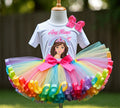 Barbie Face Brunette Girl Tutu Set Girls Personalized Custom Rainbow Ribbon Sewn Trim Tutu Outfit Dress Theme Cake Smash Party