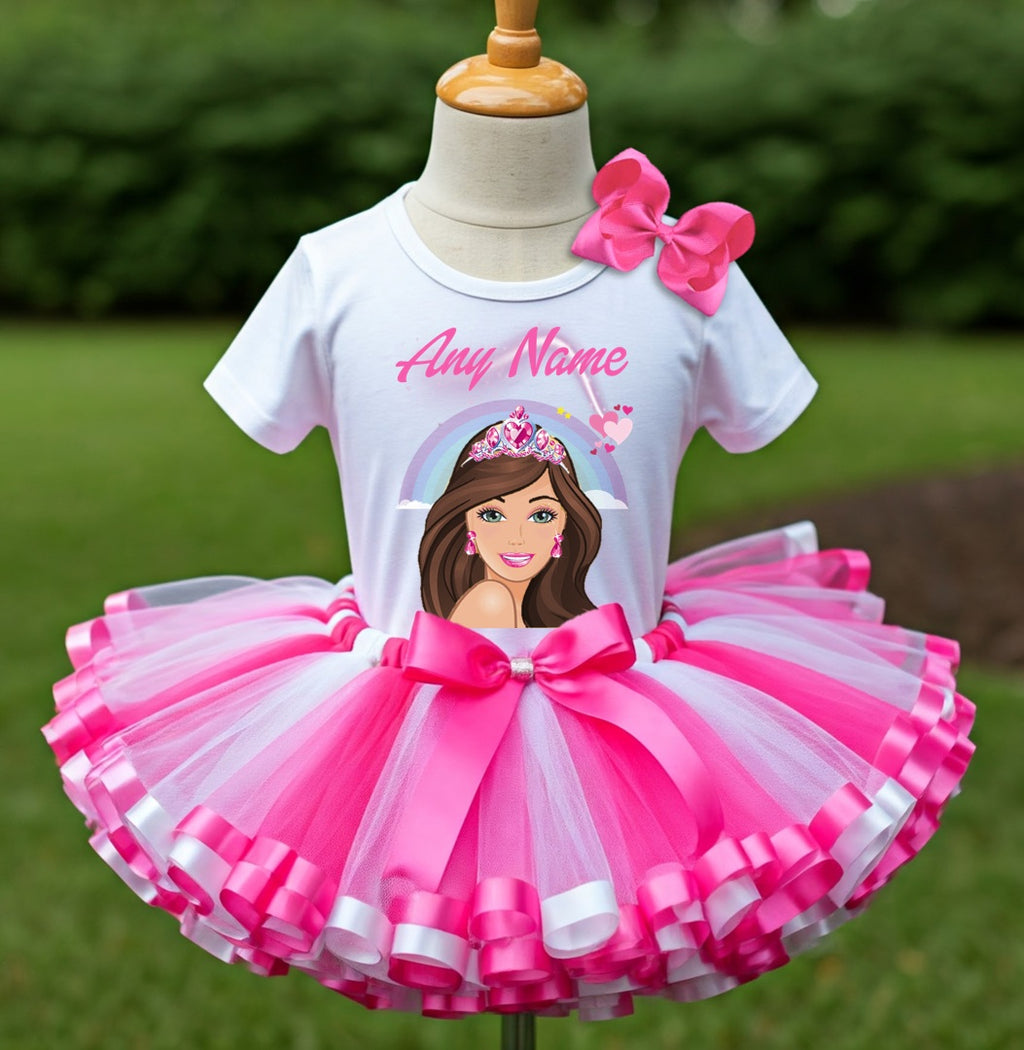 Barbie Face Brunette Girl Tutu Set Girls Personalized Custom Hot Pink White Pink Ribbon Sewn Trim Tutu Outfit Dress Theme Cake Smash Party
