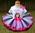 Barbie Face Brunette Girl Tutu Set Girls Personalized Custom Hot Pink White Black Ribbon Sewn Trim Tutu Outfit Dress Theme Cake Smash Party