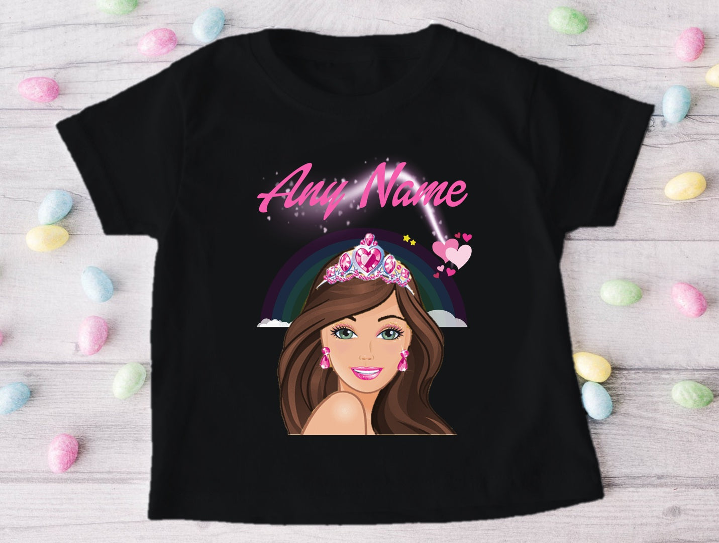 Barbie Face Brunette Girl Personalized Custom Black T-Shirt or Onesie Theme Cake Smash Party