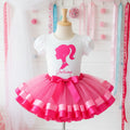 Barbie Pink Gliter Silhouette Tutu Set Girls Personalized Custom Pink Hot Pink Ribbon Sewn Trim Tutu Outfit Dress Theme Cake Smash Birthday Party