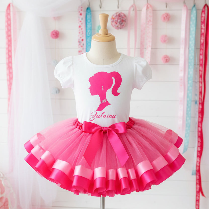 Barbie Pink Gliter Silhouette Tutu Set Girls Personalized Custom Pink Hot Pink Ribbon Sewn Trim Tutu Outfit Dress Theme Cake Smash Birthday Party