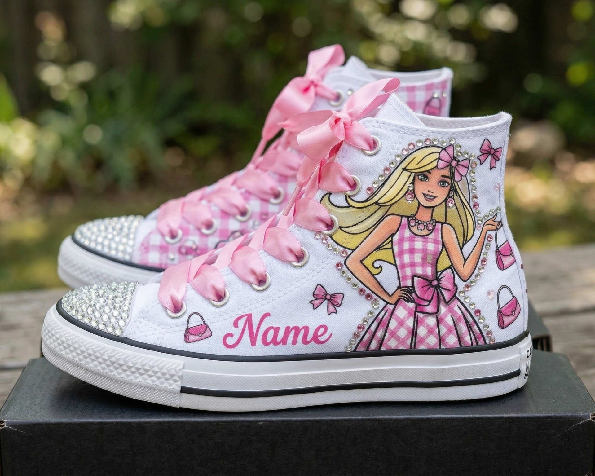 Custom Blonde Barbie Girl Doll High-Top Sneakers Shoes Personalized with Name, Ribbon Laces & Rhinestones Birthday Parties Everyday Gift