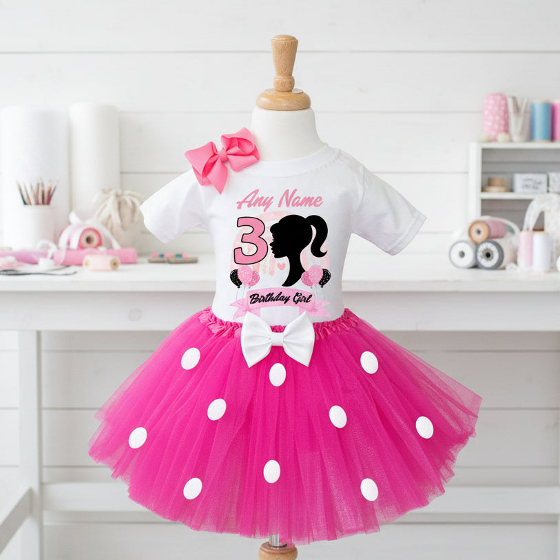 Barbie Face Silhouette Tutu Set Girls Personalized Custom Hot Pink White Polka Dots Tutu Outfit Dress Theme Cake Smash Birthday Party