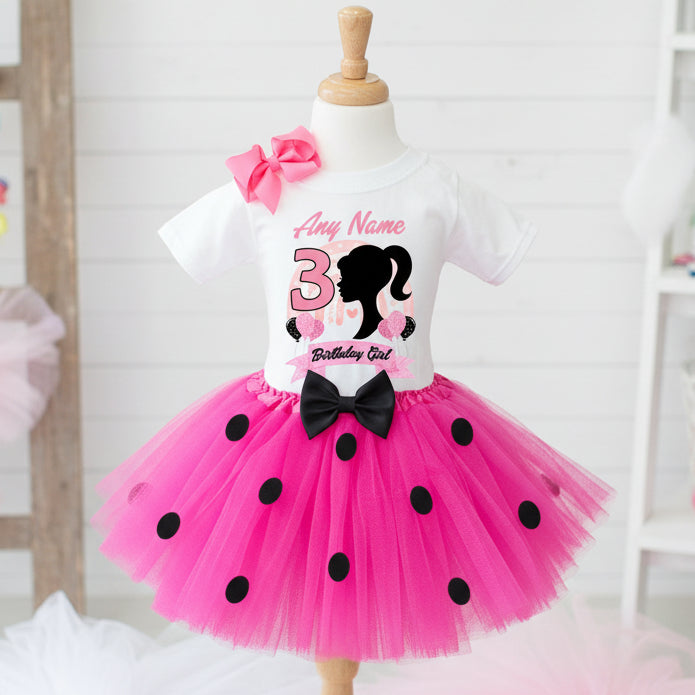 Barbie Face Silhouette Tutu Set Girls Personalized Custom Hot Pink Black Polka Dots Tutu Outfit Dress Theme Cake Smash Birthday Party