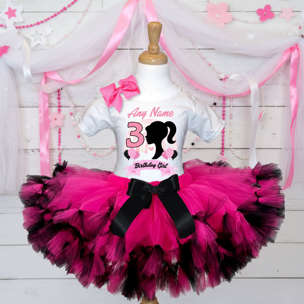 Barbie Face Silhouette Tutu Set Girls Personalized Custom Hot Pink Black Knots Tutu Outfit Dress Theme Cake Smash Birthday Party