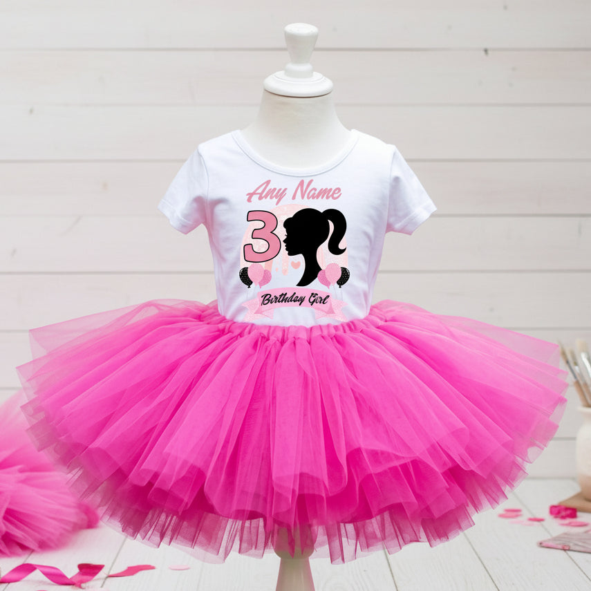 Barbie Face Silhouette Tutu Set Girls Personalized Custom Hot Pink Tutu Outfit Dress Theme Cake Smash Birthday Party