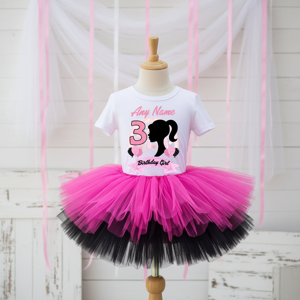 Barbie Face Silhouette Tutu Set Girls Personalized Custom Hot Pink Black Tutu Outfit Dress Theme Cake Smash Birthday Party